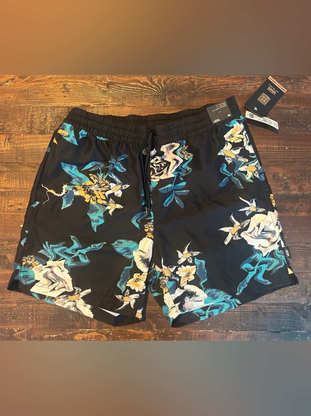 Vans Black Floral Women's Elastic-Waist Shorts with Teal & Yellow Accents